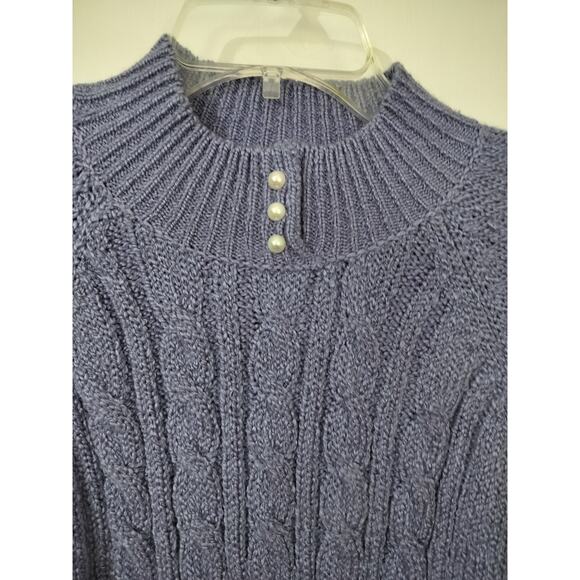 3448) Karen Scott Purple Heather Cable Knit Mock Neck Pearl Button Sweater Sz M - Picture 5 of 7